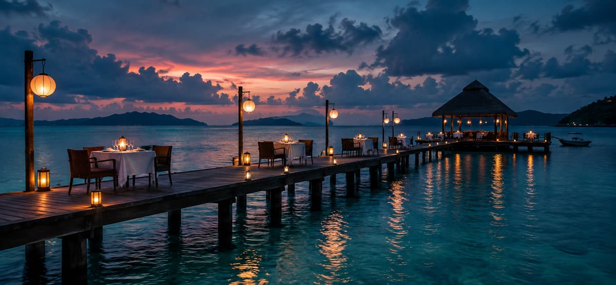 Lantern-lit dinner tables on a jetty at dusk